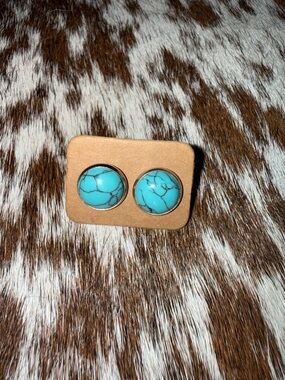Turquoise Stone Stud Earrings - Bright Blue